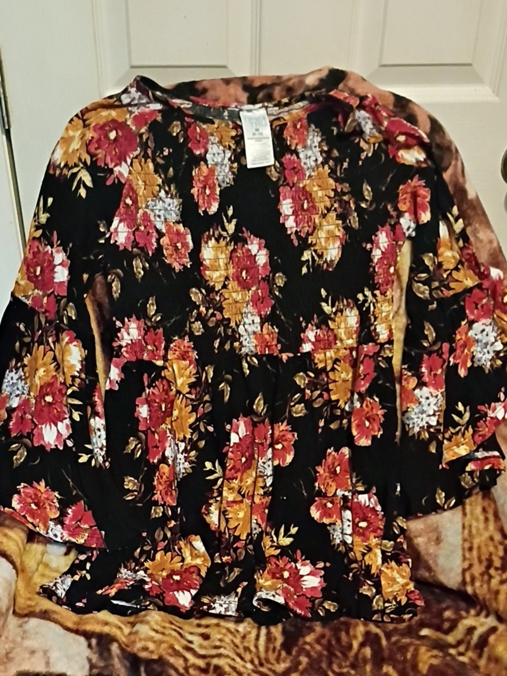 Time and Tru Black Floral Smocked Top with Red and Mustard Accents